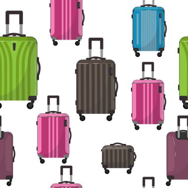 Geniş seyahat plastik bavullarının kusursuz desenleri. İş gezisi için tekerlekli bavullar, yaz tatili, seyahat. Ön planda. Beyaz üzerine izole edilmiş tekerlekleri olan polikarbonat bavulu. Gezgin.