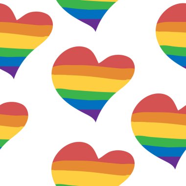 Gökkuşağı kalpli kusursuz bir desen. LGBT gururu ya da kalp desenli gökkuşağı bayrağı. Eşcinsel bayrağı renkli illüstrasyon. Modaya uygun bir doku. Baskı ve tekstil için, duvar kağıdı, ambalaj kağıdı.