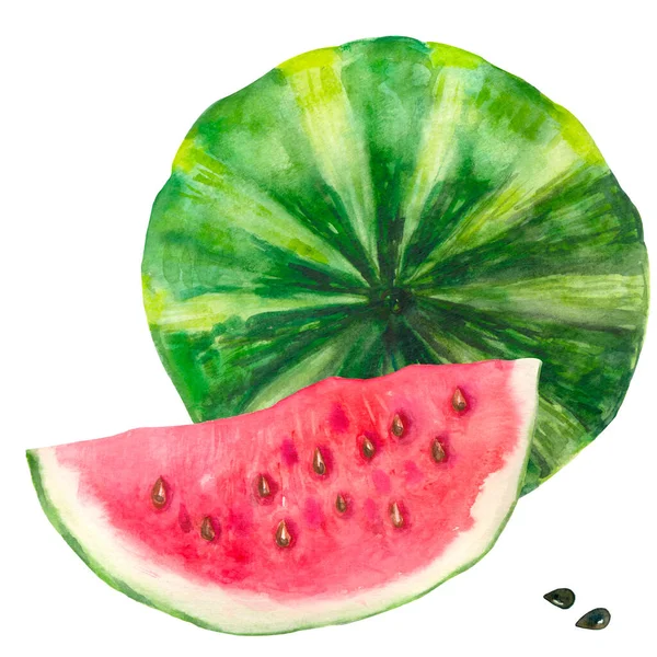 Leuchtende Aquarell Wassermelone Scheiben Und Scheiben Roter Wassermelone Mit Kernen — Stockfoto