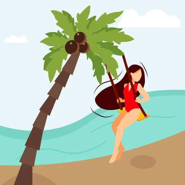 Mladá Šťastná Dívka Pláži Sedí Houpačce Mezi Palmami Cestování Letní — Stockový vektor