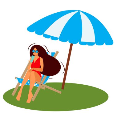 Güzel, zarif bir kız plajdaki şezlongda dinleniyor. Elinde bir kokteyl ile iskemlede rahatlayan bir yazlık kız posteri. Reklam afişi için şablon, perspektif görünümü.