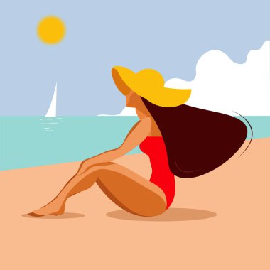 Kırmızı mayo ve kumsalda sarı şapkalı hoş bir kız. Yaz tatili, tatil. Mavi deniz, beyaz bulutlar. Ufukta yelkenli göründü. Bir kadın güneşin tadını çıkarıyor. Yaz konsepti, tatil ve plaj konsepti.