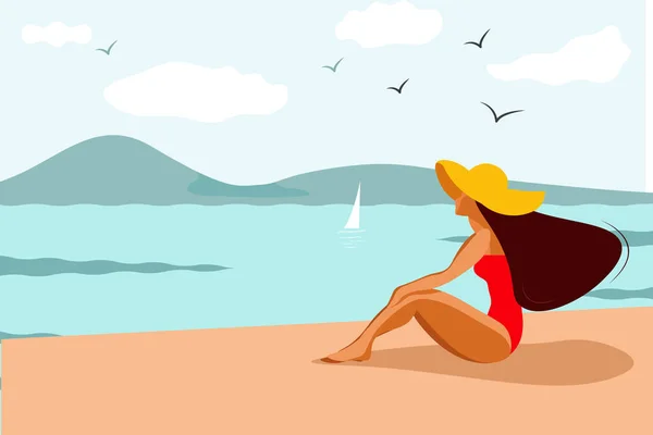 赤い水着の素敵な女の子とビーチで黄色の帽子 夏休み休暇休暇 青い海白い雲 女性が太陽を楽しんでいる 夏のコンセプト 休暇とビーチのコンセプト — ストックベクタ