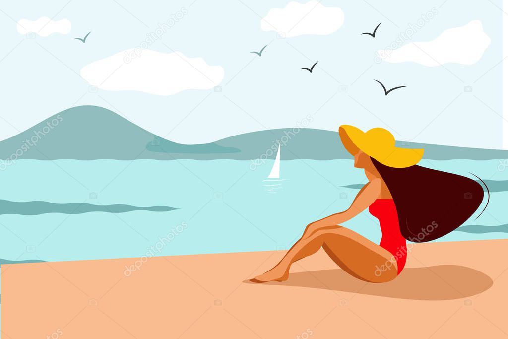 Nice girl in a red swimsuit and a yellow hat on the beach. Summer vacation, vacation. Blue sea, white clouds. A woman is enjoying the sun. Summer concept, vacation and beach concept.