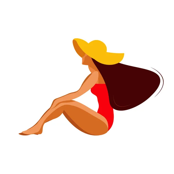 Jolie Fille Maillot Bain Rouge Chapeau Jaune Sur Plage Vacances — Image vectorielle