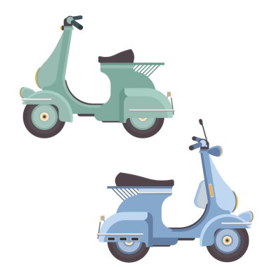 Seth retro scooter. Vektör çizimi. Yan görüş. Eski bir motosikletin detaylı görüntüsü. Moped vektör illüstrasyonu beyazda izole edildi. Çıkartmalar, çıkartmalar, hatıra defterleri için.