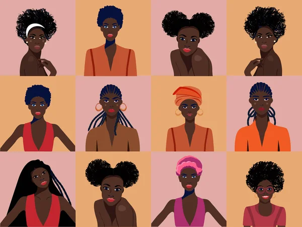 Grupo Meninas Bonitas Afro Americanas Retrato Feminino Dia Internacional Mulher —  Vetores de Stock