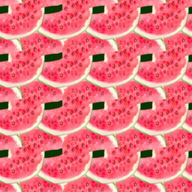 Kusursuz suluboya arka plan ve karpuz dilimleri. Çekirdekli kırmızı karpuz dilimleri