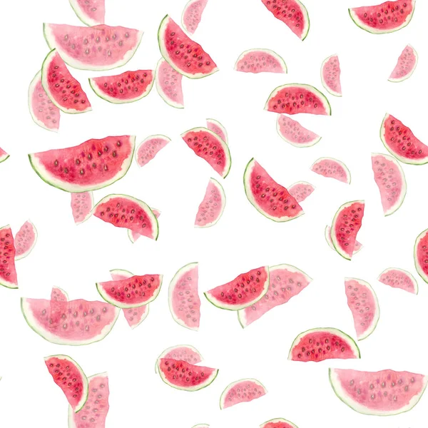 Seamless watercolor background with slices of watermelon. Slices of red watermelon with seeds — Stock Photo, Image