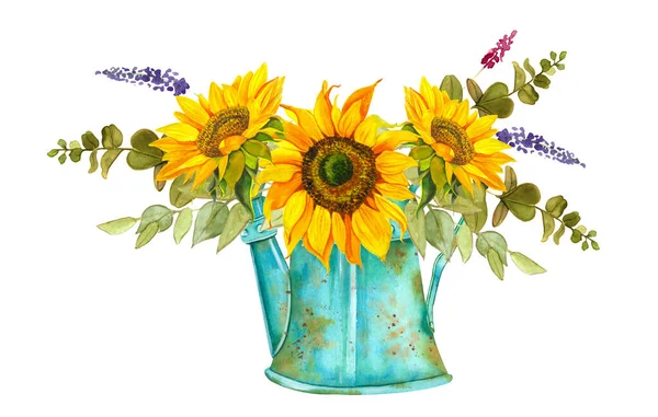 Flores de verão em uma lata de rega esmeralda vintage. Girassóis amarelos com folhas verdes . — Fotografia de Stock