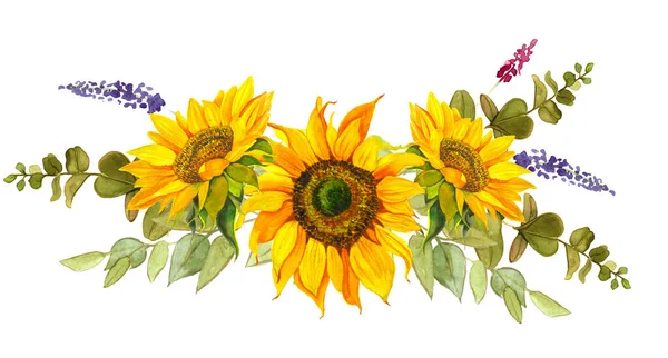 Kytice Žlutých Slunečnic Svázaná Modrou Stuhou Akvarel Bílém Pozadí Sluneční — Stock fotografie