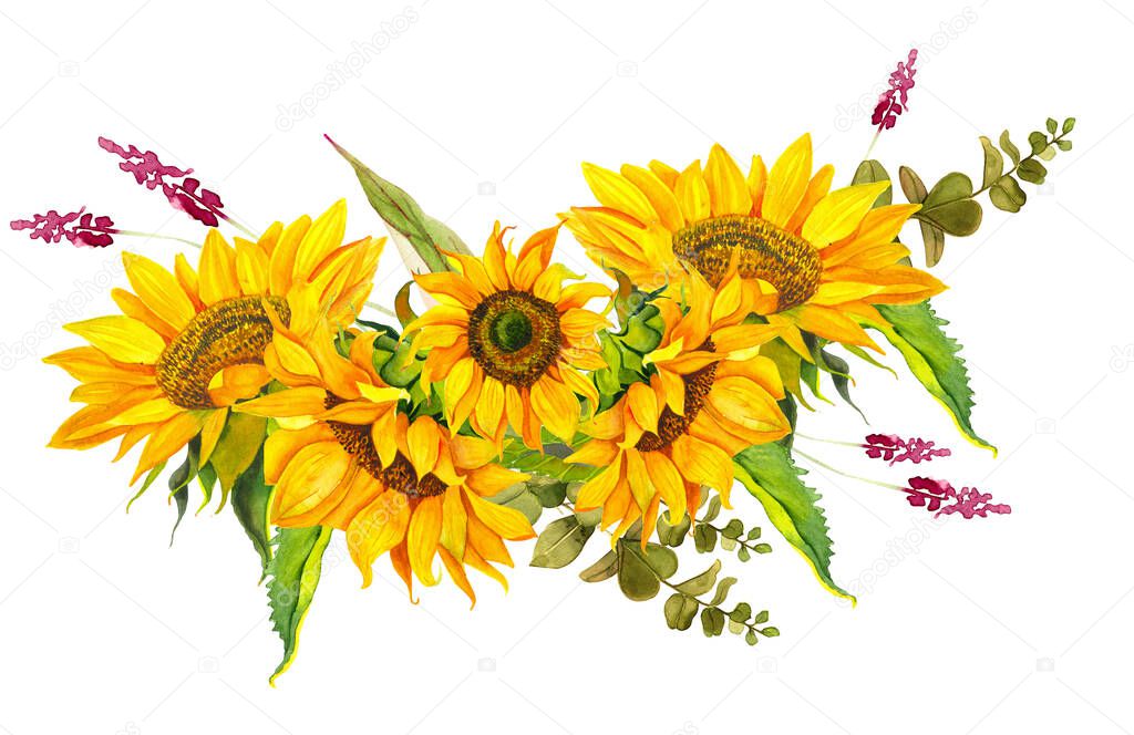 A bouquet of yellow sunflowers tied with a blue ribbon, watercolor on a white background. Sunlight, sun flower. For the design of stationery, textiles, clothing, pillows, stickers.