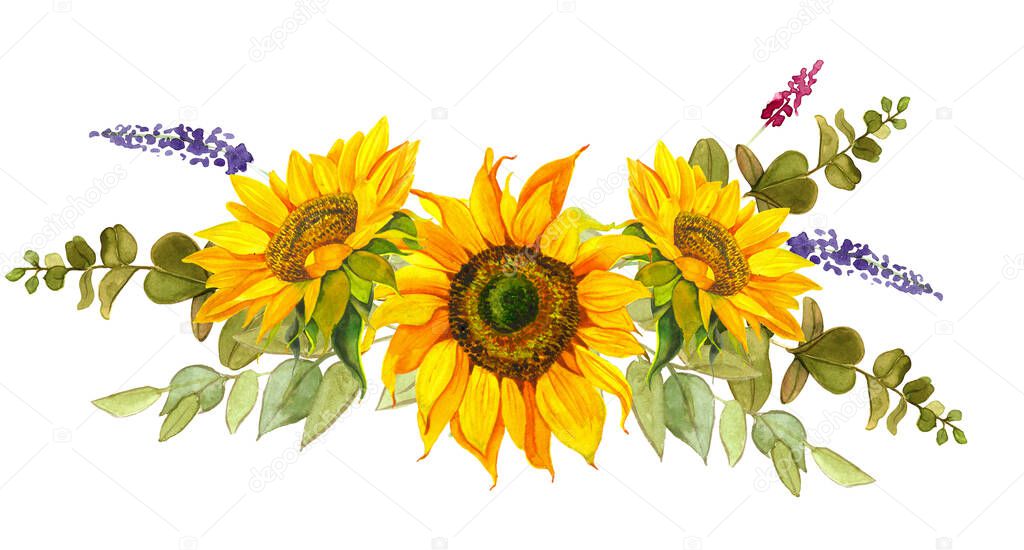 A bouquet of yellow sunflowers tied with a blue ribbon, watercolor on a white background. Sunlight, sun flower. For the design of stationery, textiles, clothing, pillows, stickers.