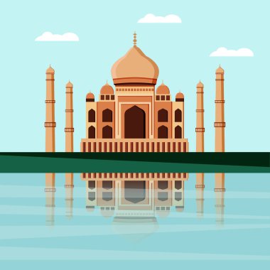 Taj Mahal. Agra, Hindistan 'da, Agra' daki Yamuna Nehri 'nin kıyısında bulunan beyaz mermer bir mozole. Hint, Farsça ve Arap mimarisi. Antik Saray Tapınağı. Vektör illüstrasyonu