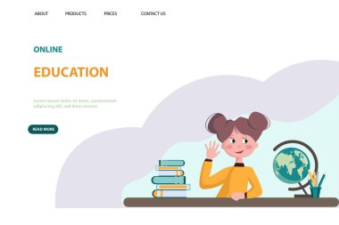 Okul öğrencileri için çevrimiçi öğrenme şablonu. Genç bir kız ders veriyor. Okulda okuyan, masasını sayan bir genç kızın vektör düz stili. Çevrimiçi eğitim ve evde eğitim kavramı.