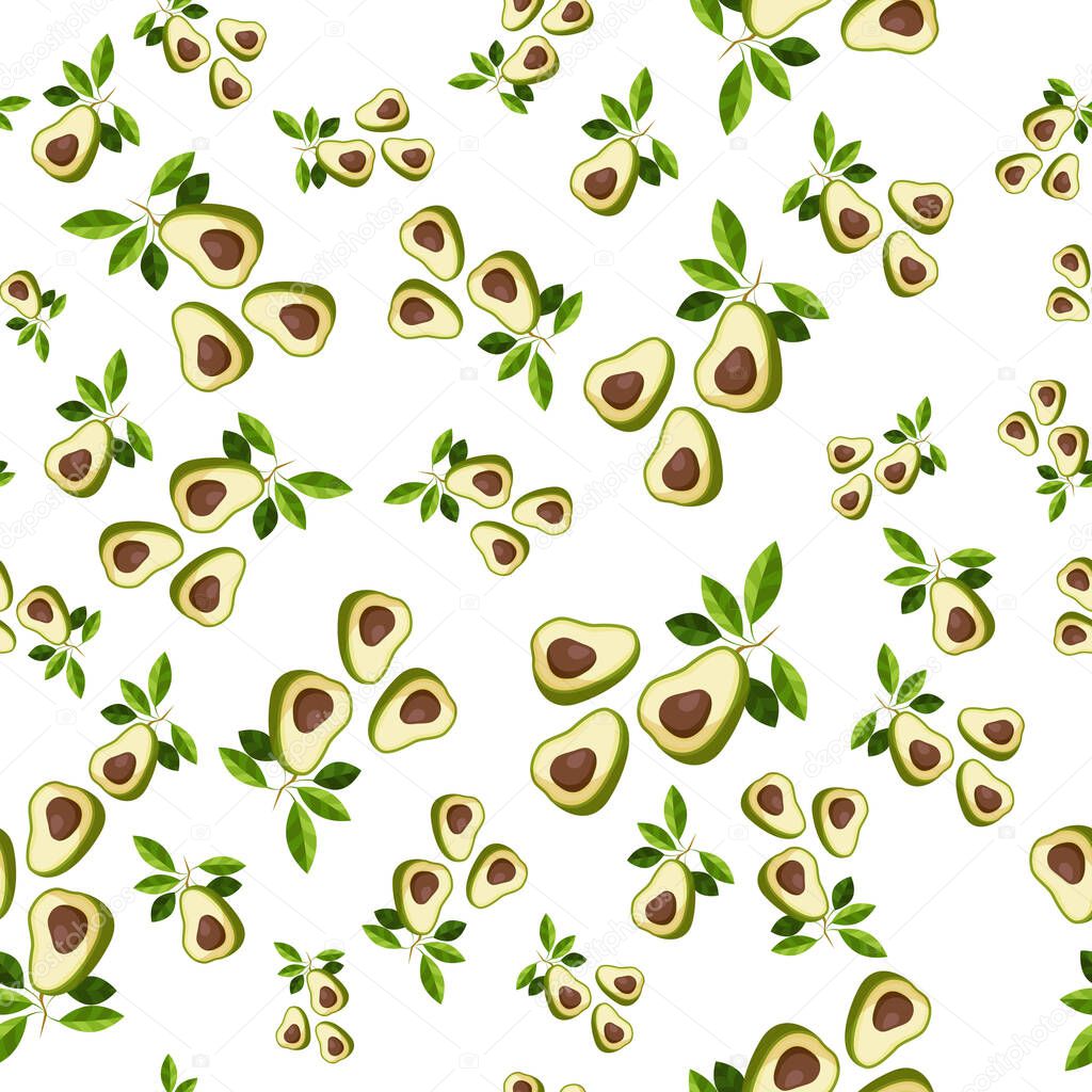 Avocado seamless pattern. Whole avocado with leaf. Design for printing, fabric and packaging of organic, vegan, raw products. Texture for eco and healthy food