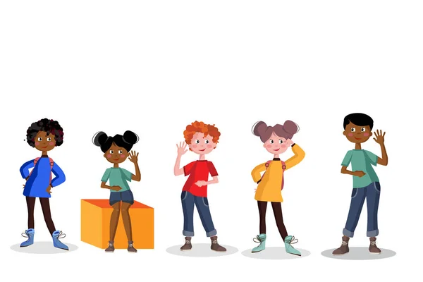Jongens en meisjes in volle groei. Schoolkinderen met rugzakken set geïsoleerde vector illustratie. — Stockvector