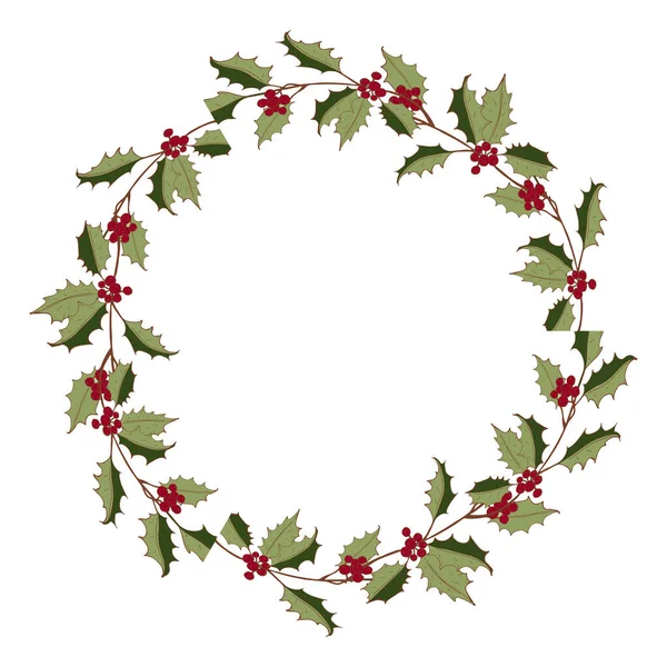 Weihnachtskranz Aus Stechpalme Mit Roten Beeren Neujahrsfeier Dezember Einzigartiges Design — Stockvektor