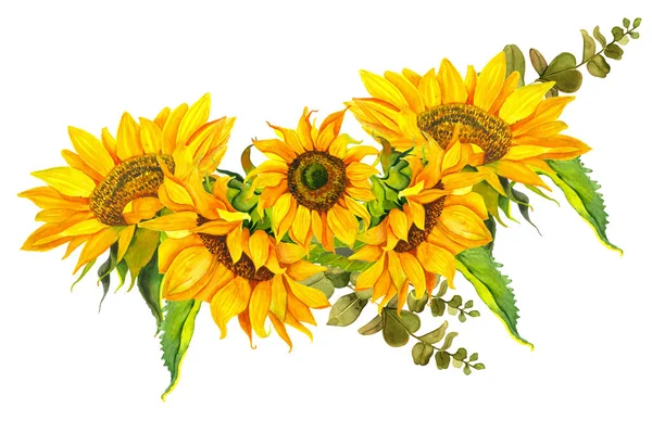 Floarea-soarelui galben, acuarelă pe un fundal alb. Sunshine, floare însorită . — Fotografie, imagine de stoc
