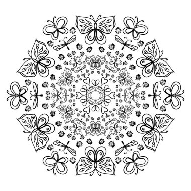 Mandala boyama için. Böcek, arı ve yusufçuk görüntüsü var. Dövme, tebrik kartı, tişört, kumaş torbası, poster tasarımı. Böcek koleksiyonu. Stres önleyici.