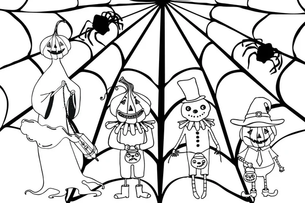 Coloring book for Halloween. Cartoon pumpkin, bats and spiders with cobwebs. Antistress for adults. Thanksgiving symbol. Halloween decoration — Stock Illustration Coloring Book Halloween Cartoon Pumpkin Bats Spiders Cobwebs Antistress Adults Vector Graphics