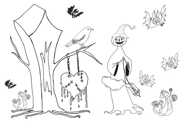 Coloring book for Halloween. Cartoon pumpkin, bats and spiders with cobwebs. A coffin with a heart, a crow and amanita mushrooms. Anti Stress for adults. Thanksgiving symbol. Halloween decoration — Stock Illustration Coloring Book Halloween Cartoon Pumpkin Bats Spiders Cobwebs Coffin Heart Royalty Free Stock Illustrations