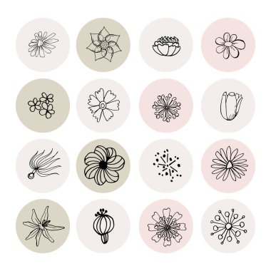 Çiçekler düz çizgi simgeleri. Çiçekçi dükkanı için ince bir tabela. Instagram hikayeleri, kapakları vurgular. Instagram simgeleri. Sosyal ağlar hikaye simgelerini vurguluyor. İş ikonları. Sosyal medya. Vektör