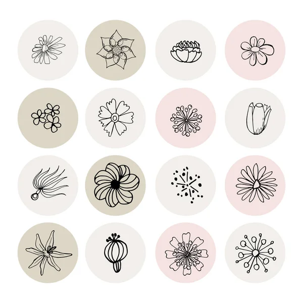 Çiçekler düz çizgi simgeleri. Çiçekçi dükkanı için ince bir tabela. Instagram hikayeleri, kapakları vurgular. Instagram simgeleri. Sosyal ağlar hikaye simgelerini vurguluyor. İş ikonları. Sosyal medya. Vektör