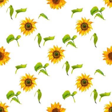Suluboya ayçiçekleri olan kusursuz bir arka plan. Koleksiyon dekoratif çiçek tasarımı elementleri. Çiçekler, tomurcuklar ve yapraklar. Suluboya tarzında çizilmiş klasik el çizimi.