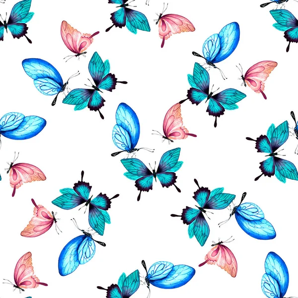 Mariposas Acuarela Patrón Sin Costuras Ilustración Botánica Para Fondo Pantalla —  Fotos de Stock