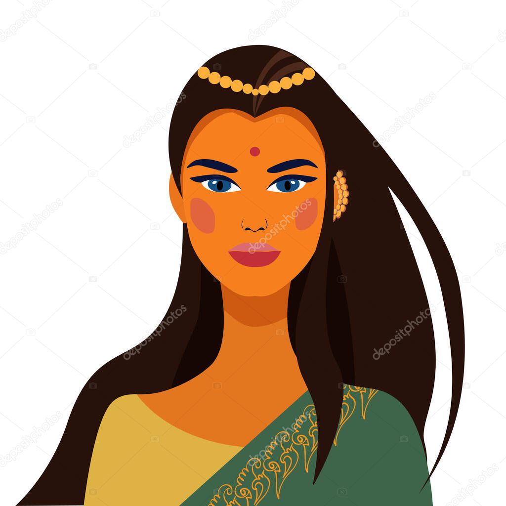 Indian woman in traditional dress. Portrait of a beautiful girl. Avatar. Face. Vector flat illustration. vijayadashami dussehra dasara, Diwali. Indian Festival Icon.