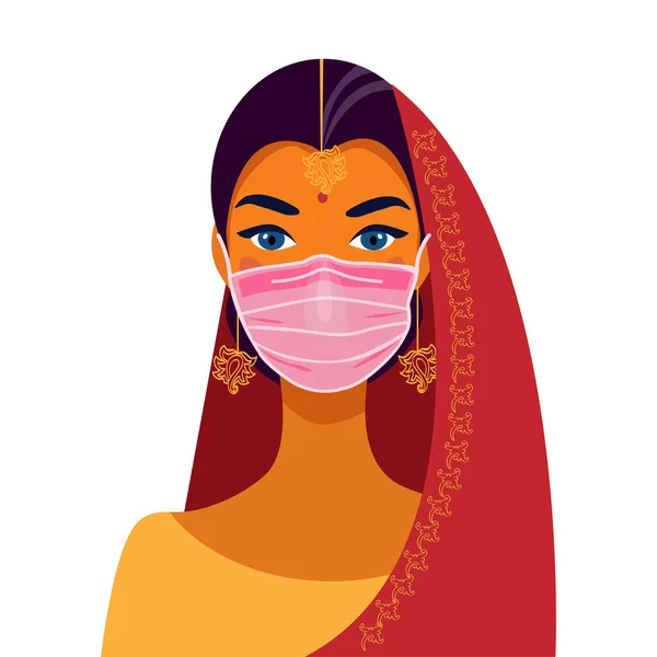 Індійська жінка в традиційному одязі і масках обличчя. Портрет прекрасної дівчини. Аватар. Обличчя — стоковий вектор