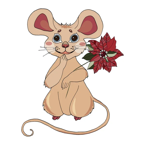 ポインセチアの花と漫画のマウス 子供服 カード ステッカー ステッカーのデザインのためのかわいい漫画のマウス — ストックベクタ