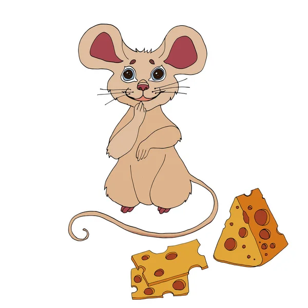 チーズ入りの漫画マウス 子供服 カード ステッカー ステッカーのデザインのためのかわいい漫画のマウス — ストックベクタ