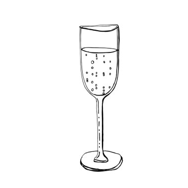Şarap kadehi. Vektör çizimi, karalama. Şampanya, cam el çizilmiş karalama ikonu. Beyaz arkaplanda izole edilmiş yazdırma, web, mobil ve bilgi grafikleri için vektör çizimi.