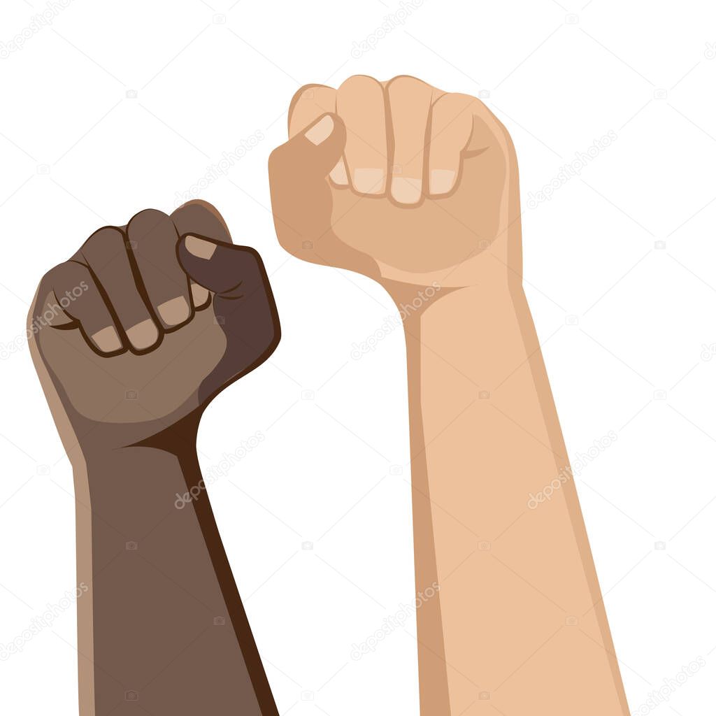 Demonstration, revolution, protest. Two clenched fists in protest. Afro Americans, Europeans. The symbol of freedom, struggle, revolution, unity, strength and struggle Simple basic illustration