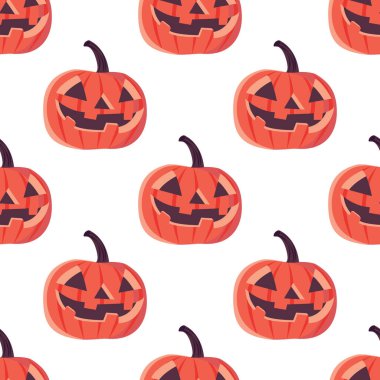 Cadılar Bayramı kusursuz. Beyaz arka planda balkabağı suratlı korkunç balkabağı Jack o fener desensiz desen. Cadılar bayramı balkabağı desenli ürkütücü. Kutlama ambalaj kağıdı.