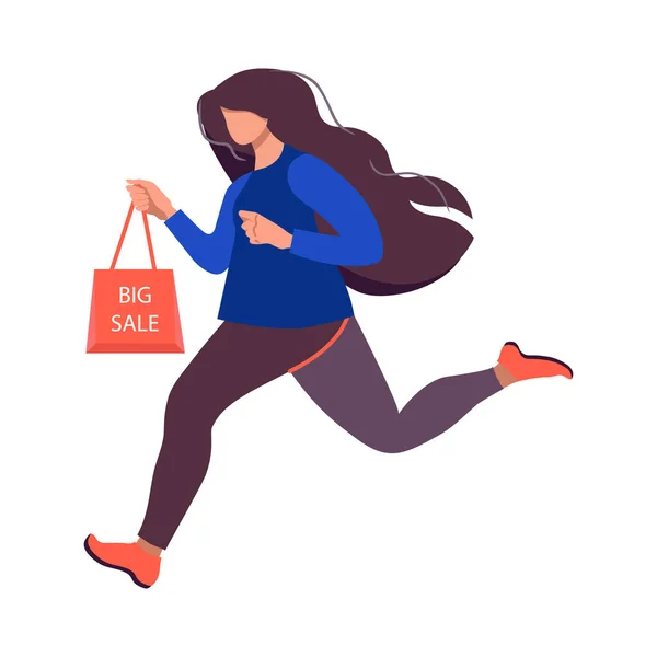 一个年轻女人跑到商店或经销商那里 经销商以折扣或更低的价格出售商品 在白色背景上孤立的向量平面样式插图 商店的销售季节 — 图库矢量图片