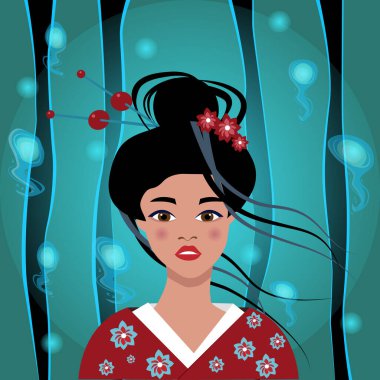 Doğulu bir bayanın pop sanat suratı. Kimonolu, kırmızı dudaklı, uzun saçlı güzel bir Japon kadın. Vektör düz çizim. Farklı cinsiyetlerin ve yaşların reklam afişi..