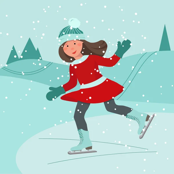 Little Skater Girl Skating Ice Rink Girl Skating Scene Winter — Stock Vector