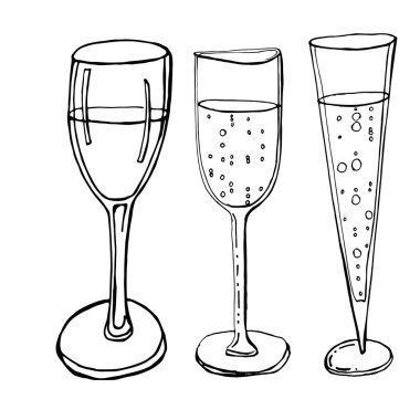 Şarap kadehi. Vektör çizimi, karalama. Şampanya, cam el çizilmiş karalama ikonu. Beyaz arkaplanda izole edilmiş yazdırma, web, mobil ve bilgi grafikleri için vektör çizimi.