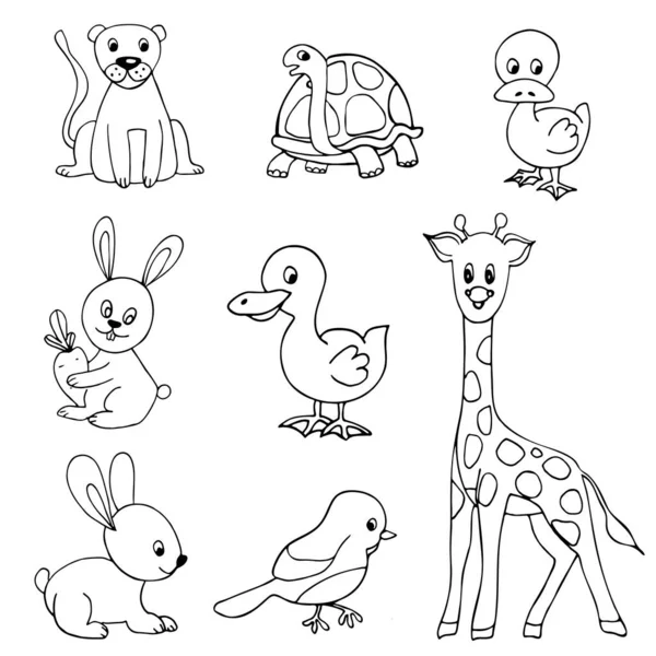 Wektorowy rysunek liniowy, zestaw uroczych ilustracji dla dzieci, afrykańskie zwierzęta — Wektor stockowy