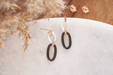 Yumuşak arka planda küçük kristalleri olan modern küpeler..