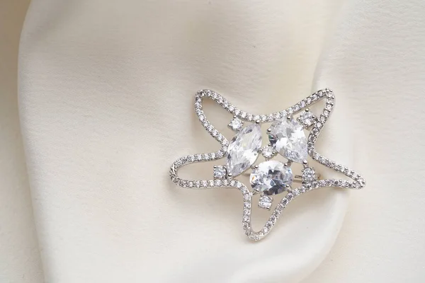 흰 바탕에 작은 다이아몬드와 아름다운 결정체들이 붙어 있는, 불가사리 모양의 은 브로치. — 스톡 사진