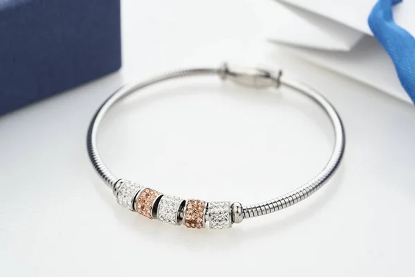 Beautiful silver bracelet with crystals isolated on white