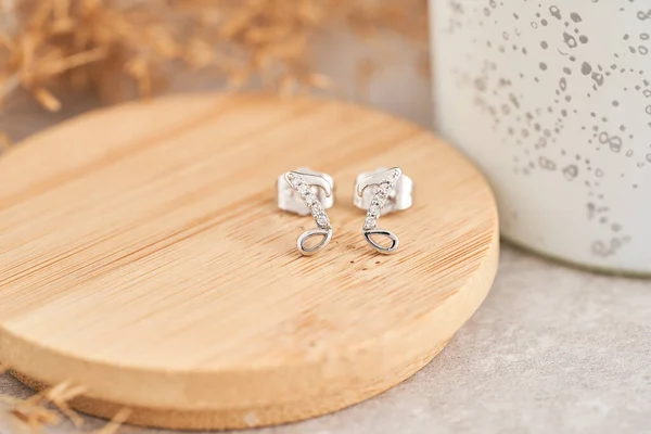 Близько до срібних сережок, з білими кристалами та діамантами. Красиві сережки на дерев'яній тарілці Жіночі аксесуари . — стокове фото