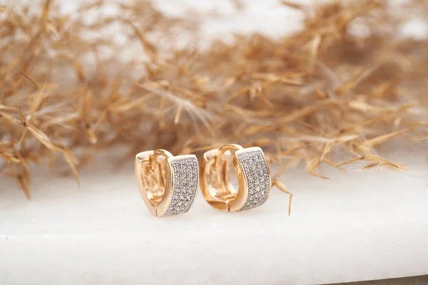 Złote kolczyki izolowane, z białymi kryształami i diamentami. Piękne kolczyki na białym tle — Zdjęcie stockowe