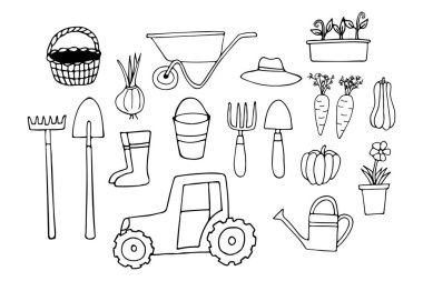 Doodle bahçe ekipmanları ikonu seti. Doodle bahçe ikonları koleksiyonu. El çizimi bahçe teçhizatı simgeleri koleksiyonu. 