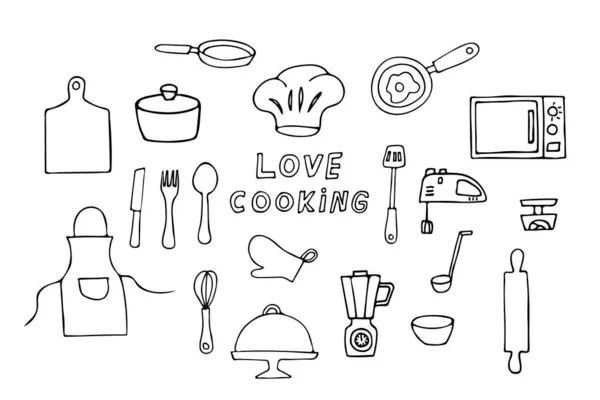 Doodle Koken Pictogrammen Ingesteld Doodle Keukengerei Iconen Collectie Handgetekende Kookgerei Rechtenvrije Stockvectors