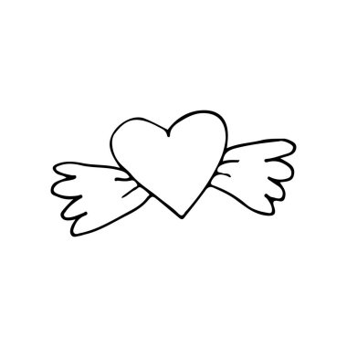 Kanatlı uçan bir kalp. Kanatlı el çizimi kalp. Kalpli Doodle Sevgililer Günü ikonu